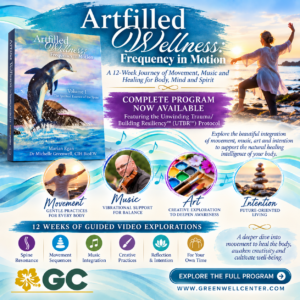 Artfilled Wellness full graphic for program wtih book cover with dolphin out of the ocean, woman doing Tai Chi on the shoreline, fiddler