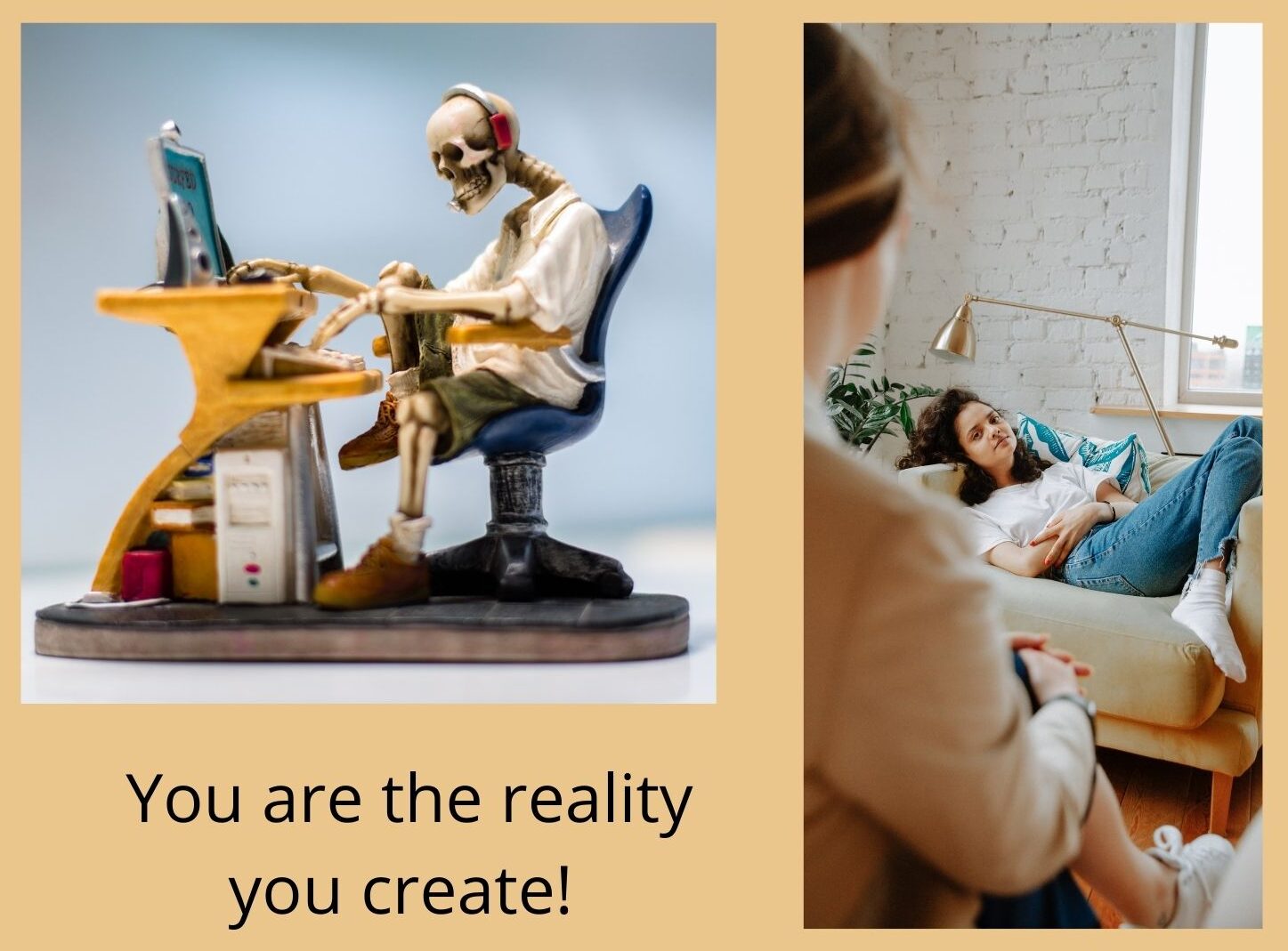 Skeleton sitting at a computer desk in an awkward position, and a young person lying on a couch