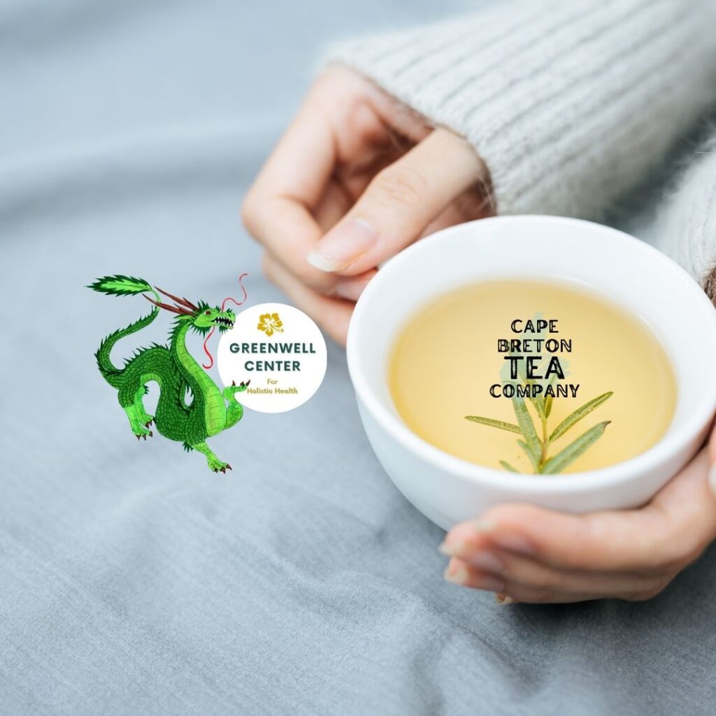green tea with dragon symbol in a white cup