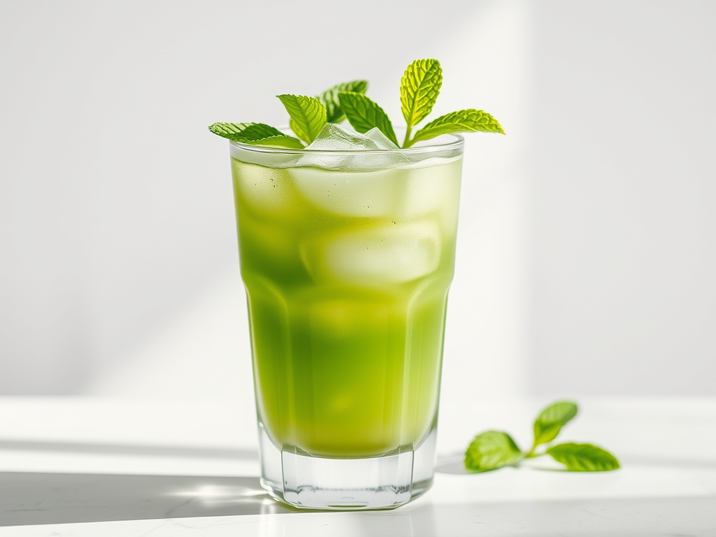 Iced matcha drink in a tall glass with mint leaves