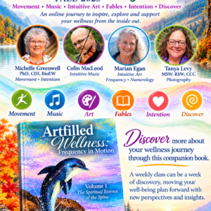 Poster for course with 4 faces of facilitators, book cover, and nature background