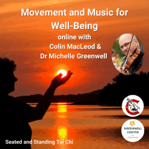 woman at sunset holding the sun in the palm of her hand, fiddler in corner, marketing page for course
