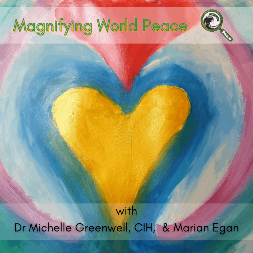 Painted heart in layers of colour, including the logo for Magnifying Peace Project