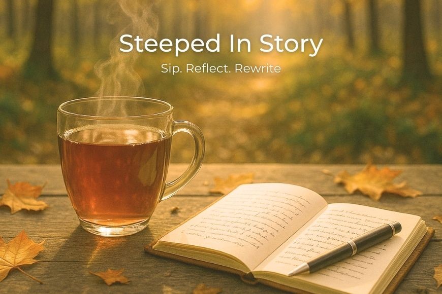 book, cup of tea steaming, at a desk looking into a forest and pathway