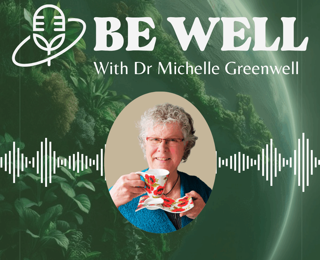 podcast cover title with woman with short white hair holding a tea cup, green and globe as backdrop