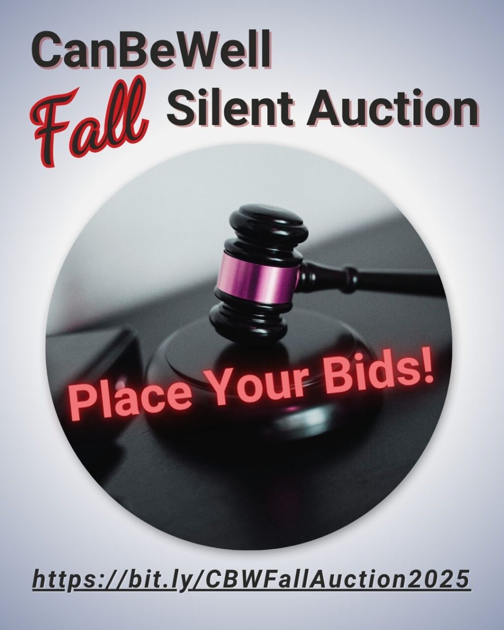 silent auction sign with a gavel and desk