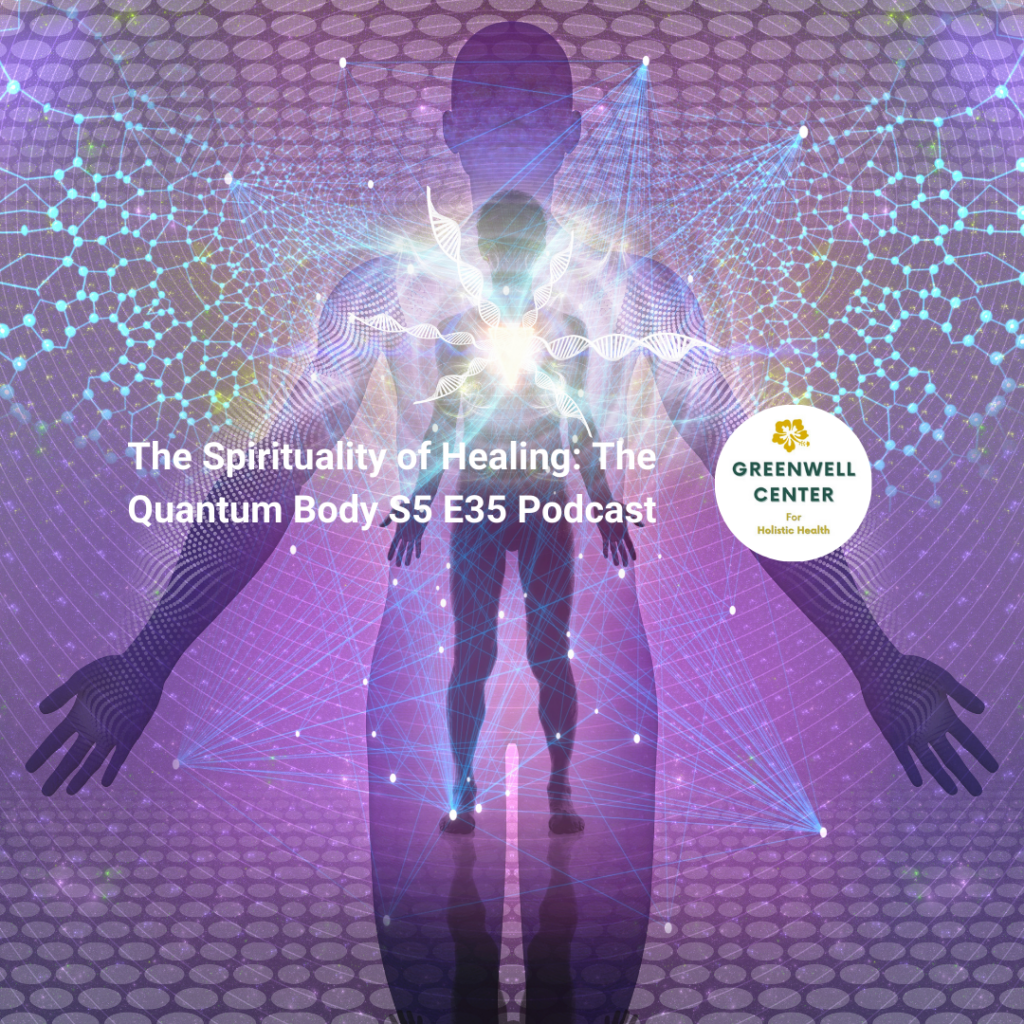 A body with waves around it and energy coming from the heart center. Poster for Quantum Healing podcast