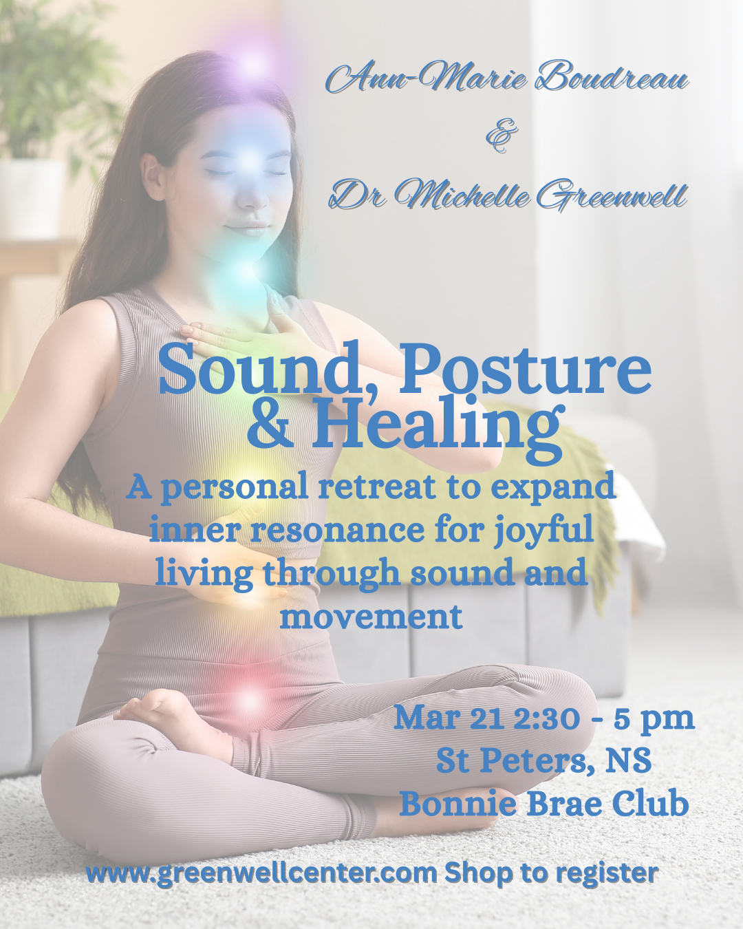 young woman in a yoga sit on a rug and infront of a bed, with chakra lights on her body