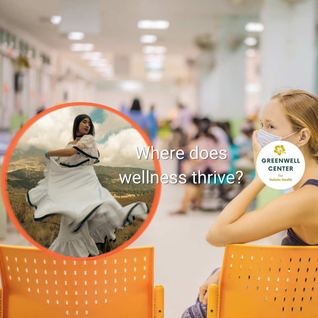 woman with mask in hospital waiting room crowded with people, small photo of woman with long hair dancing on a field with a swirling dress