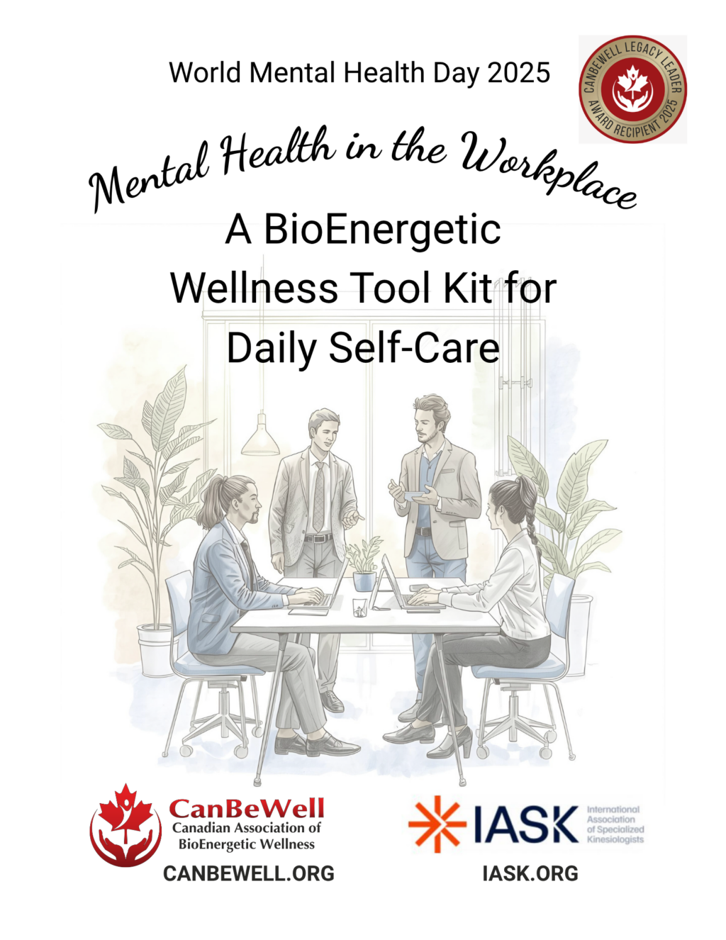 book cover for Mental Health in the Workplace a cartoon graphic of people around a table with title and logos