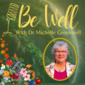 Podcast cover with a globe, flowers and leaves in the bottom left corner, the title at the top and a woman with grey short hair is in an oval frame.