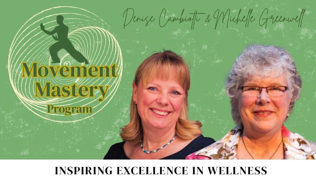 Two women, one with long blond hair and one with short curly grey hair with a Movement Mastery Program logo