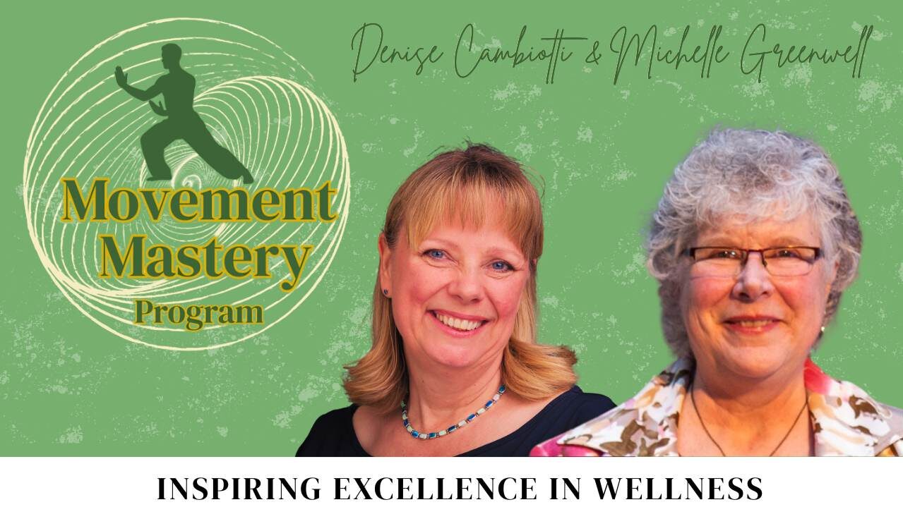 Two women, one with long blond hair and one with short curly grey hair with a Movement Mastery Program logo