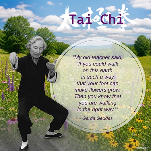 older woman doing Tai Chi surrounded by flowers, trees and a cloudy sky