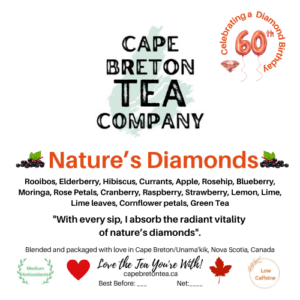 Label for Nature's Diamonds tea with Diamond Birthday Logo