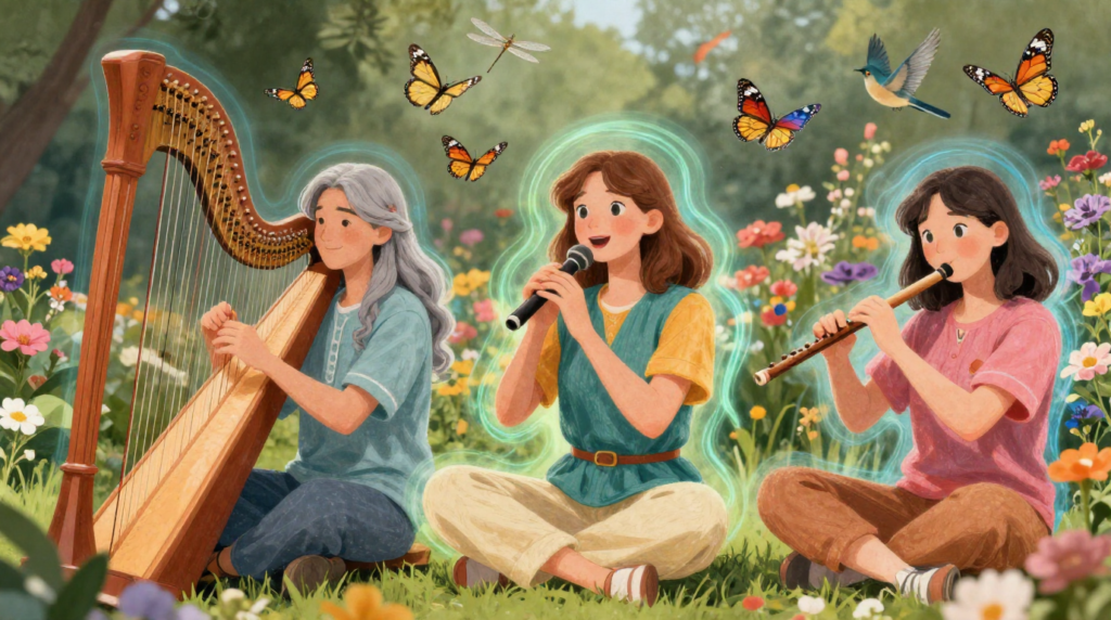 three women playing instruments in a garden. Harp, microphone and flute