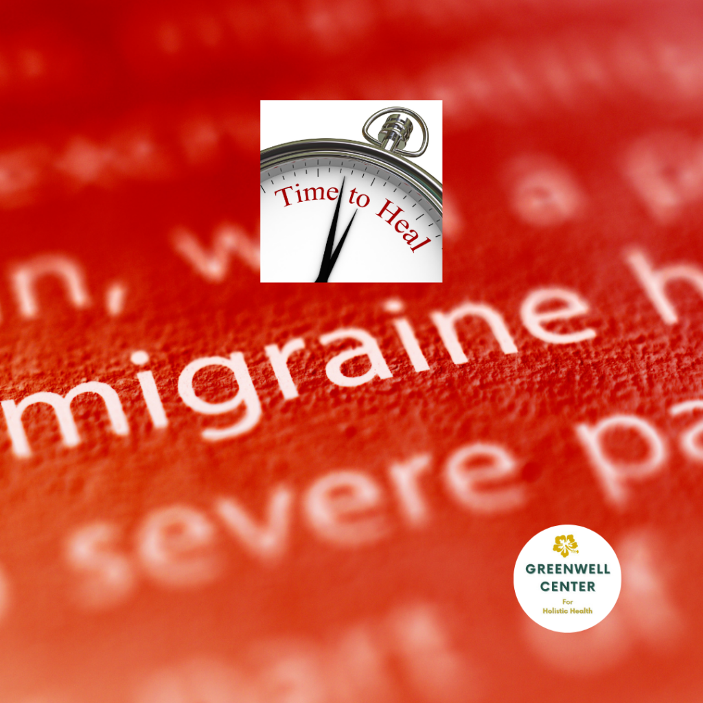 the word migraine with a stop watch that says healing time