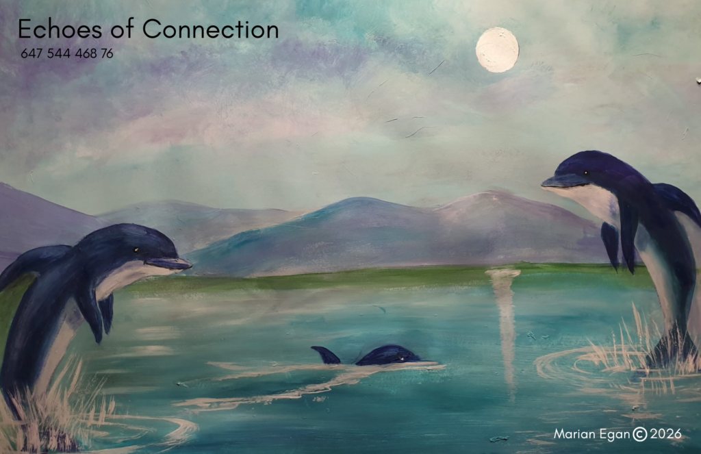 painting of two dolphins rising above the water, and one in the water, with a mountain scene behind