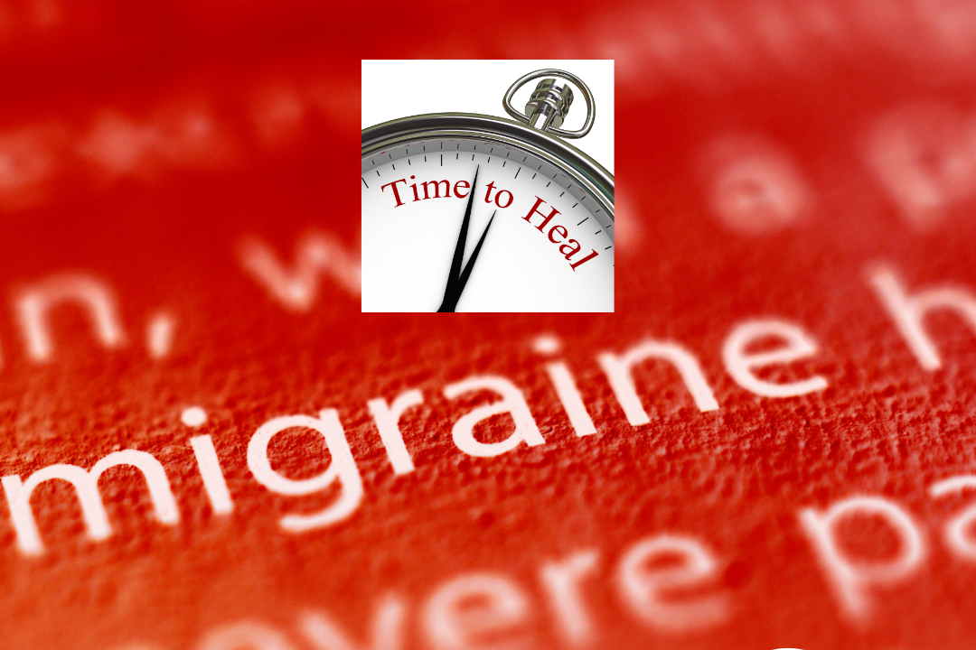 the word migraine with a stop watch that says healing time
