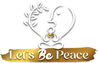 Logo with a dove, leaf, and yoga person holding a heart and the words "Let's be Peace"