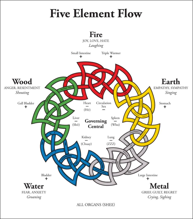 Five Element Wheel in a Celtic Knot with emotions and meridians