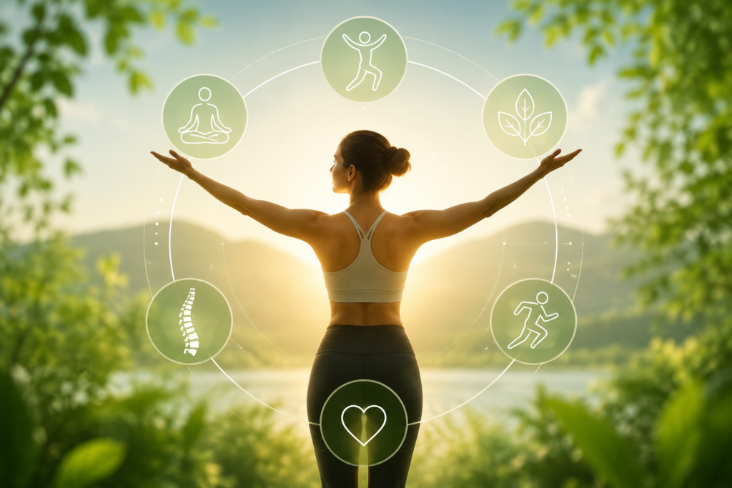 Woman standing with arms open out to a field, the sun is shining around her
