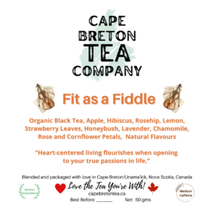 label for Fit as a Fiddle Tea with a fiddle on each side of the name