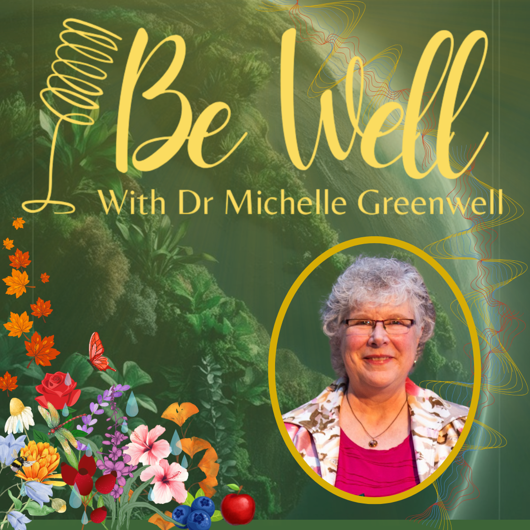 podcast main poster with woman with grey hair in an oval frame, a green planet, flowers and insects in the left bottom corner and the podcast title across the top
