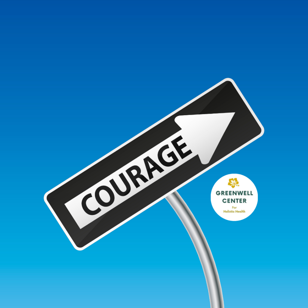 The word courage in the sky with an arrow pointing up