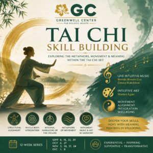 Poster with woman doing Tai Chi in silk robe and a mountain and valley along with points about the course