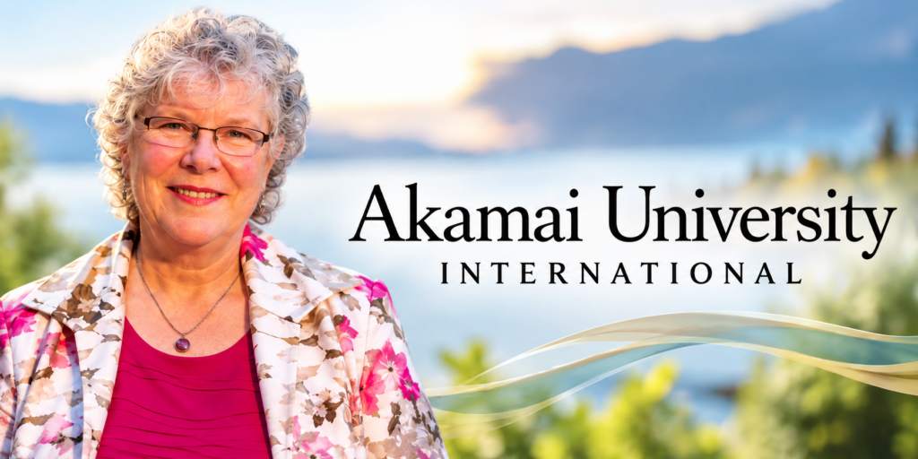 Picture of a grey haired woman with short curly hair and the words Akamai University International