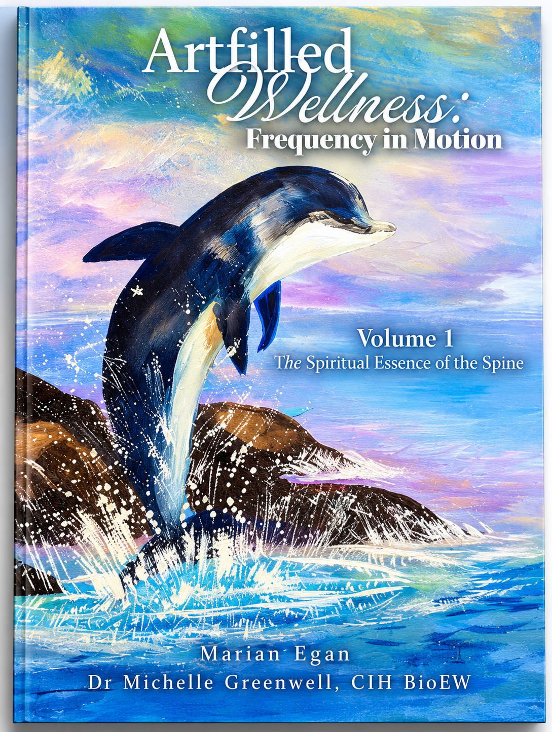 Cover of book 9 by 12 with a dolphin out of the ocean next to some rocks